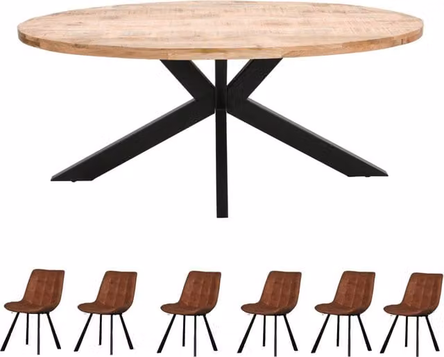 IH Design Merlin Oval Mango Wood Dining Table Set with 6 Chairs, Brown