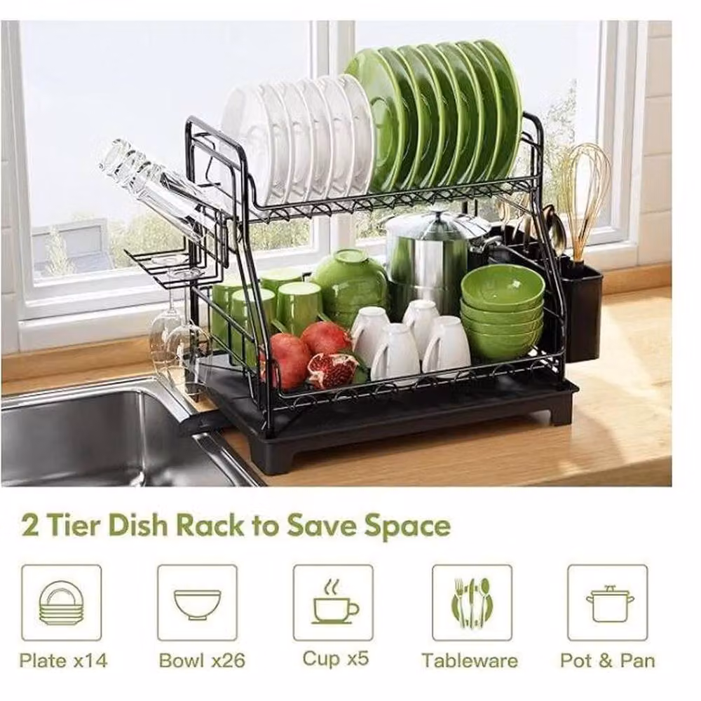 Kelvenix 2 Tier Dish Rack Plate and Cup Drying Drainer in Grey – 3