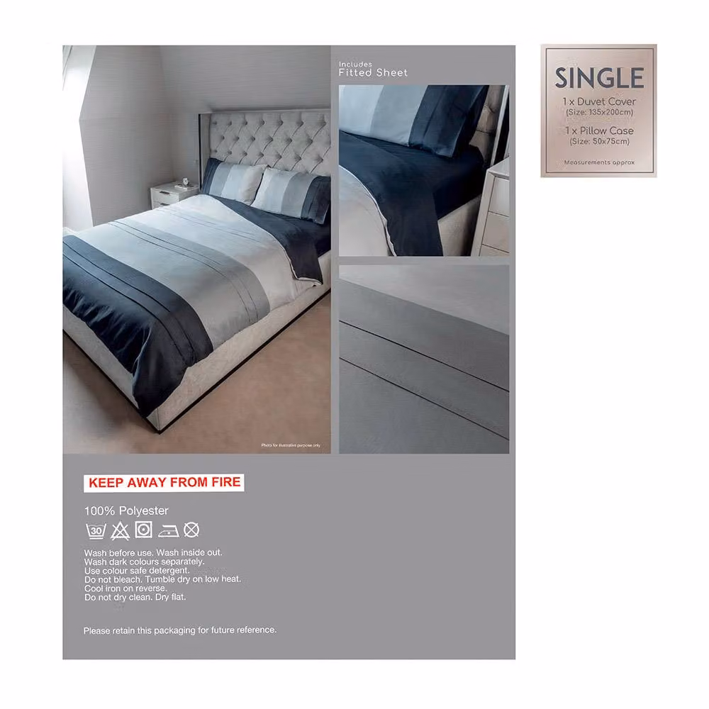 Voltico Grey Panel Modern Duvet Cover and Fitted Sheet Set, Single – 6