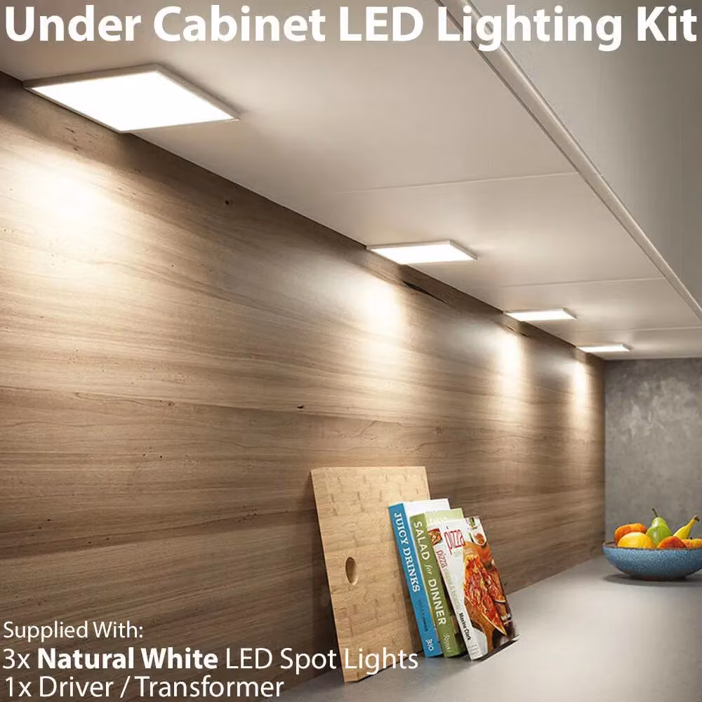 Loops 3x Brushed Nickel Ultra-Slim Square Under Cabinet Kitchen LED Light and Driver Kit in Silver – 2