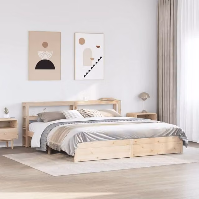 Berkfield Home Super King Bed Frame with Headboard and Side Compartments in Brown Rustic Pine Wood, W/D/H: 180 x 200 cm