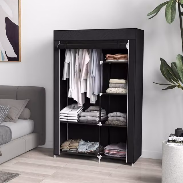 HOMCOM Modern Portable Wardrobe with Roll Shutter Doors, 6 Shelves and Hanging Rail, Black