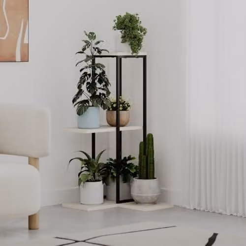 Vetra 3-Tier Metal and Wood Plant Stand in Beige, Height: 90 cm, W/D/H: 46 x 46 x 90 cm