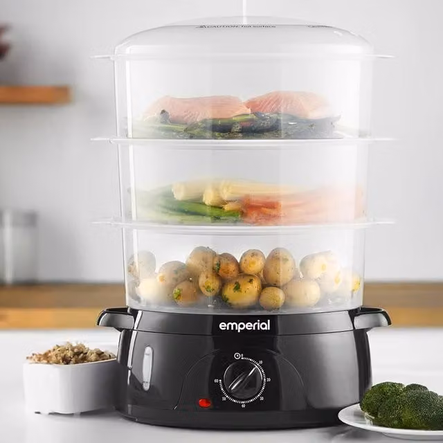 Emperial 3 Tier Food Steamer with Rice Bowl, Black