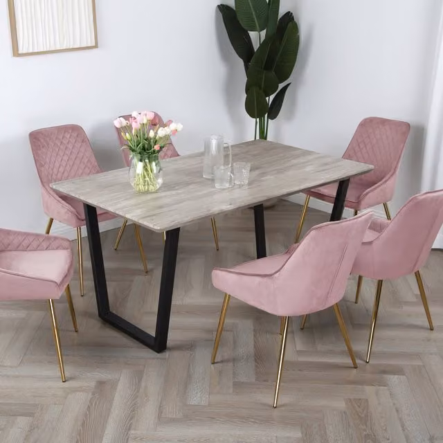 Home Garden Direct Hamilton Dining Set with Wood-Effect Rectangular Table and 6 Pink Velvet Chairs with Gold Legs