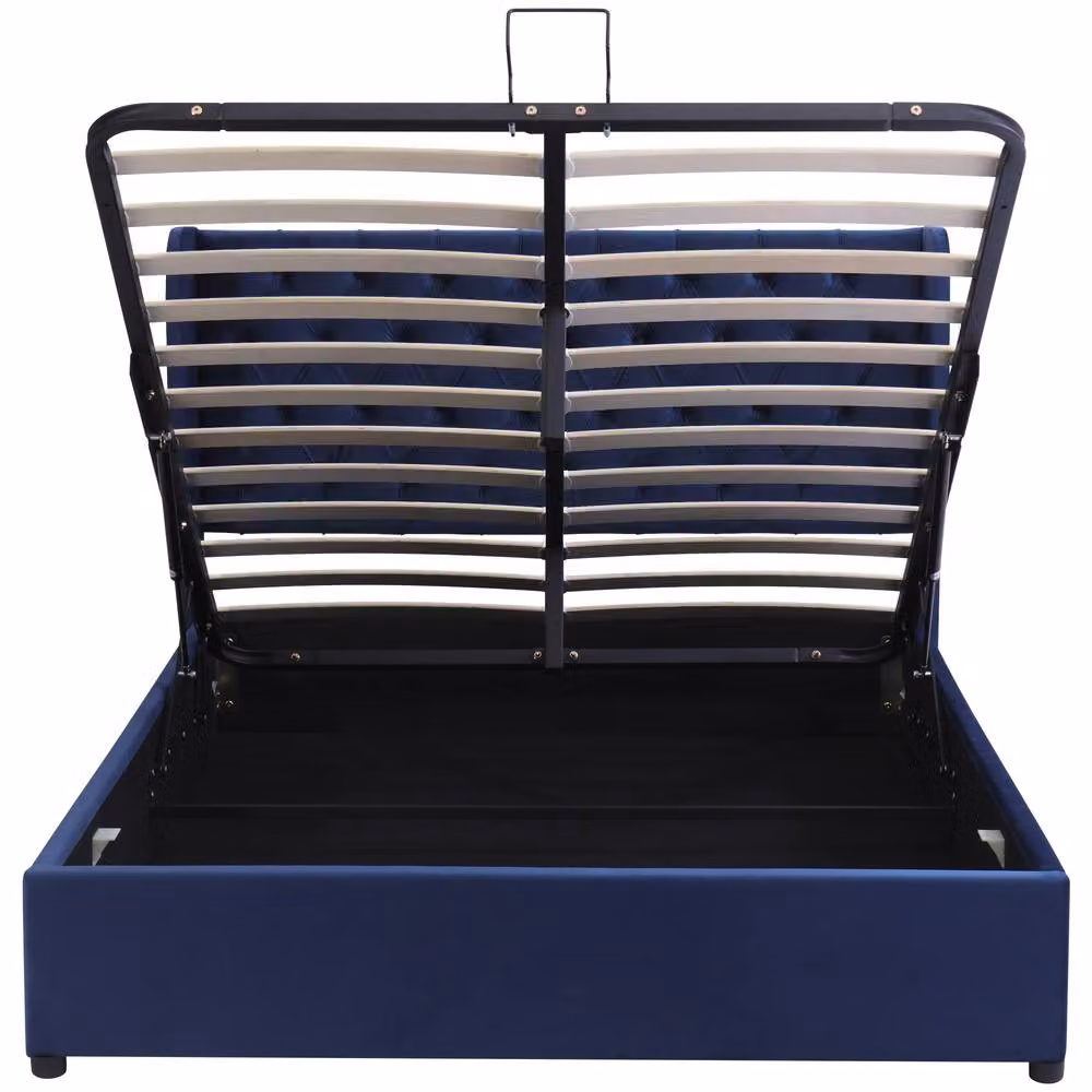 Rolipo Blue Velvet Upholstered Double Bed with Lift Up Base, W/D/H: 140 x 200 cm – 8