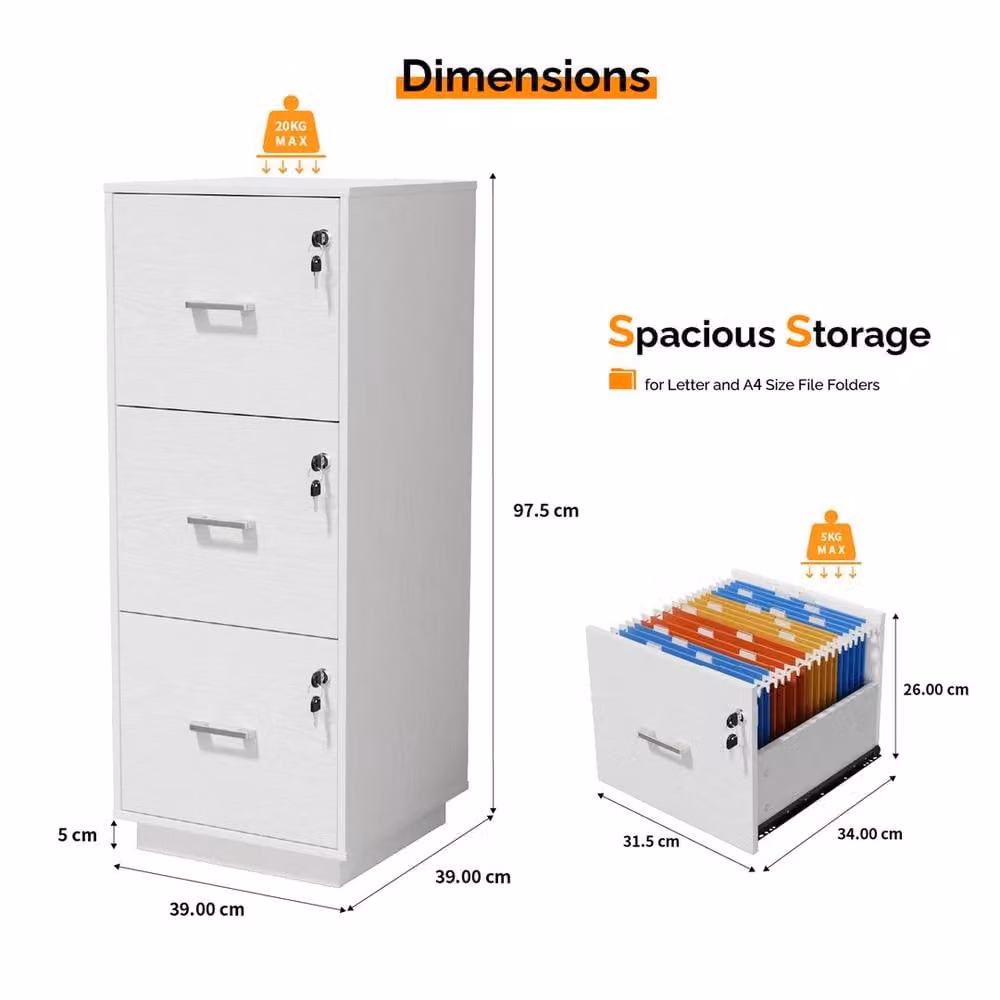 EONLION White Lockable 3 Drawer File Cabinet – 2