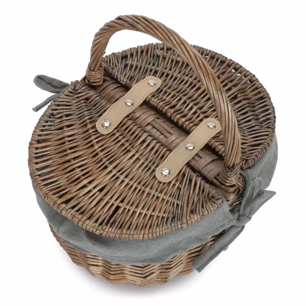 Red Hamper Small Oval Wicker Picnic Basket with Grey Cotton Lining and Antique Wash Finish – 2