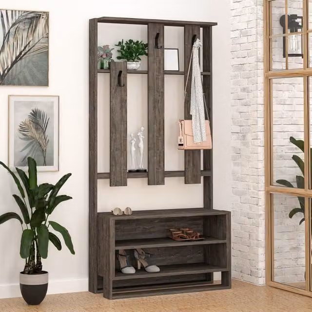 Decortie Modern Hall Tree with Bench and Shoe Organiser in Walnut Brown