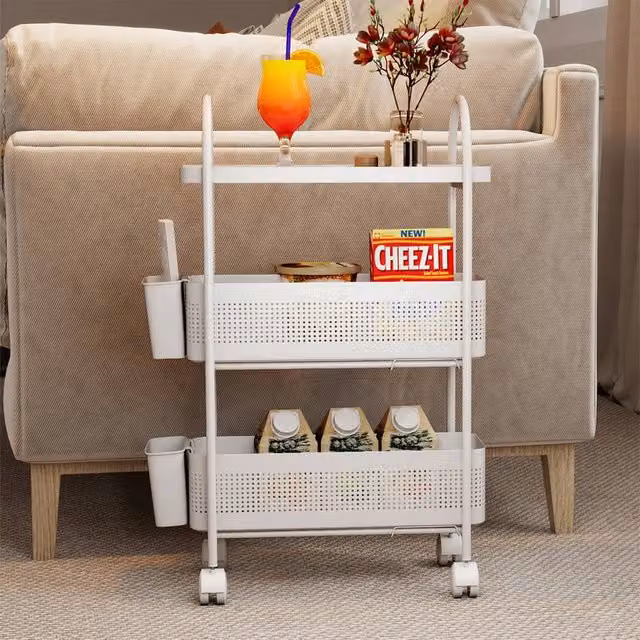 Levede 3 Tier Narrow Trolley Cart with Hanging Storage Basket in White – 1