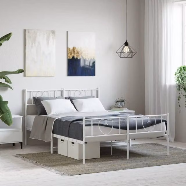 Berkfield Home Metal Bed Frame with Headboard and Footboard in White, W/D/H: 140 x 200 cm