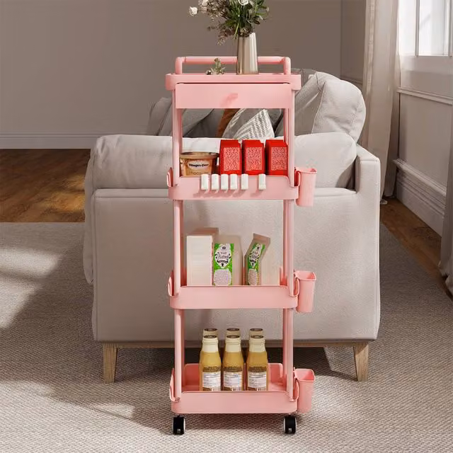 Levede Rolling Kitchen Cart Portable Serving Trolley and Storage Rack in Pink