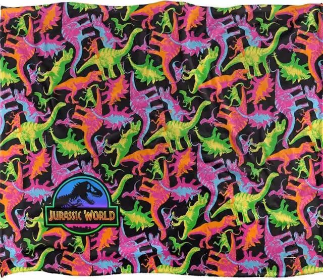 NBCU Jurassic World Neon Dino Pattern Super Soft Fleece Throw Blanket, Multicolour, W: 152 cm, D: 127 cm – 1
