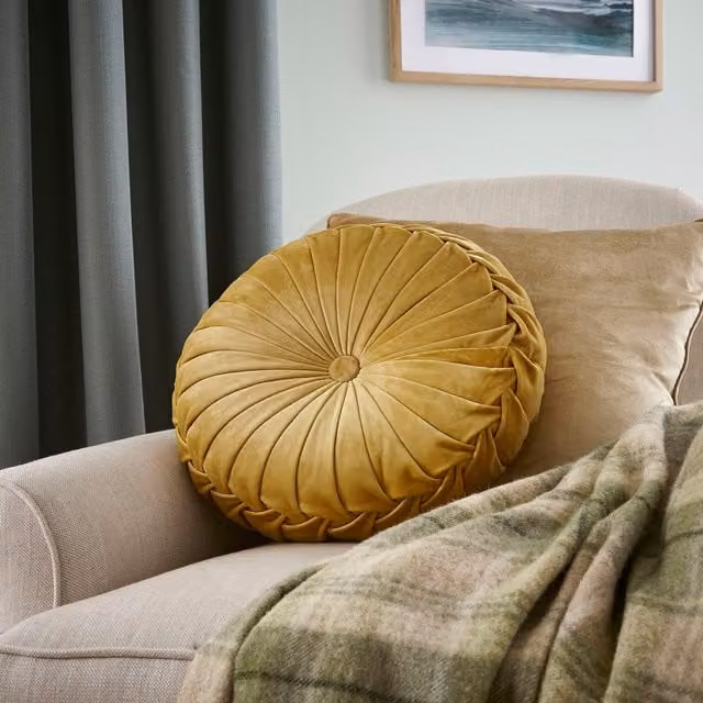 Laura Ashley Rosanna Round Velvet Filled Cushion, Amber, Diameter: 35 cm, Depth: 14 cm