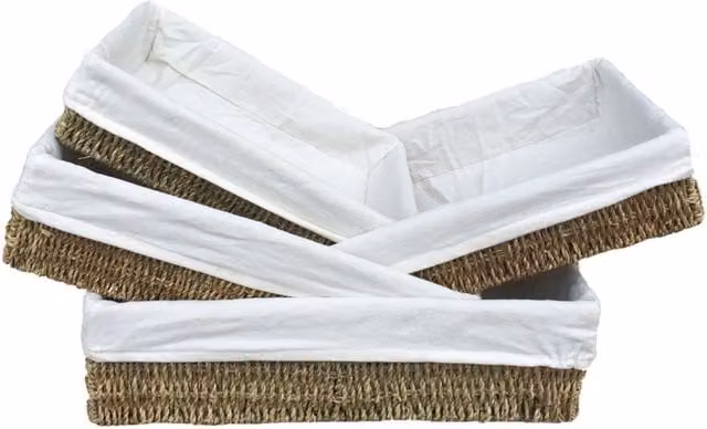 Red Hamper Lined Rectangular Seagrass Tray in Green, 34 cm