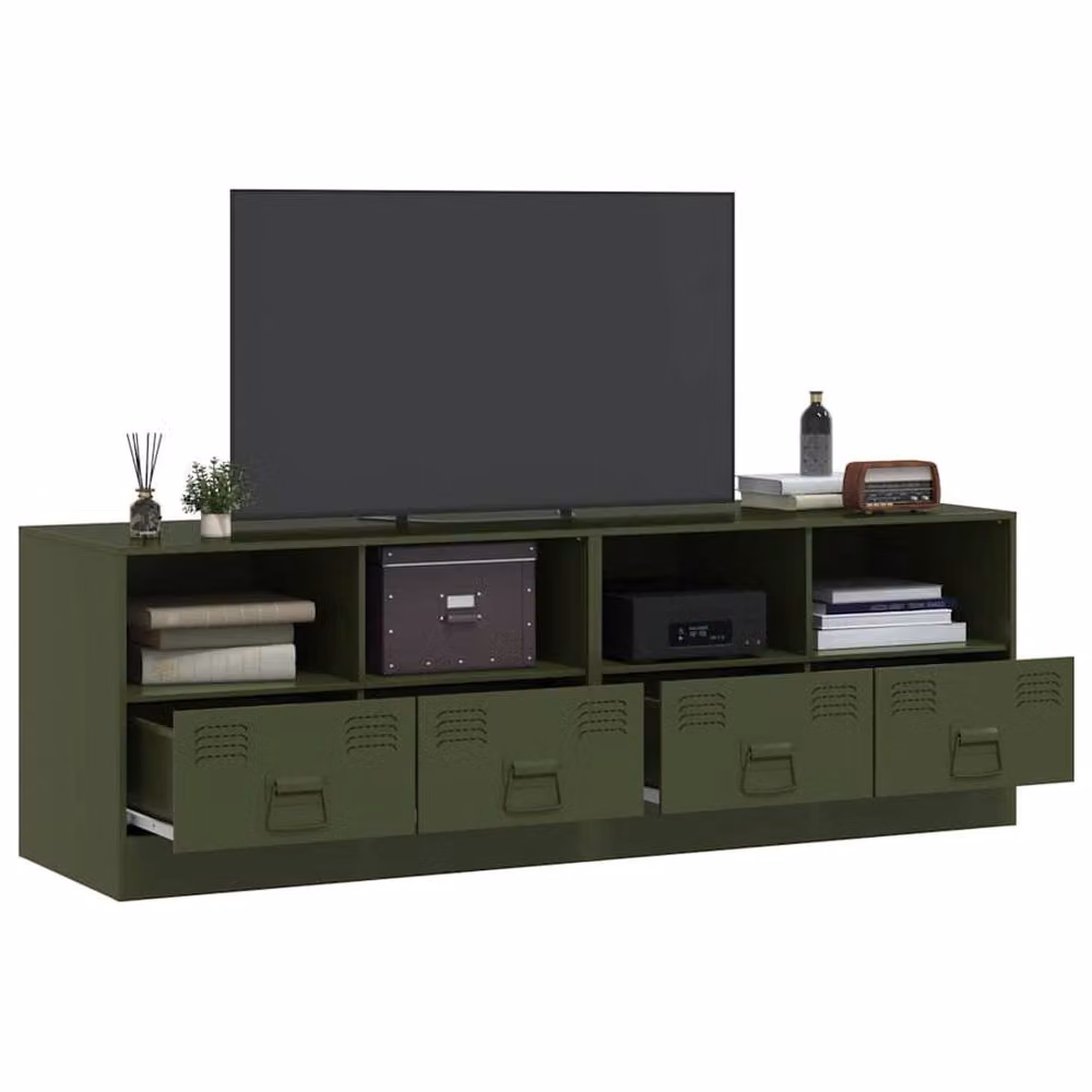 Berkfield Home Set of 2 Industrial Metal TV Cabinets in Olive Green, W/D/H: 67 x 39 x 44 cm – 2