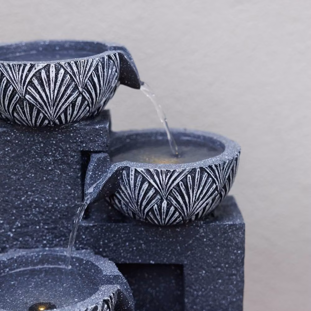 Primrose Talla 3 Tiered Stacked Bowls Grey Outdoor Water Feature with LEDs, Height: 41 cm – 2