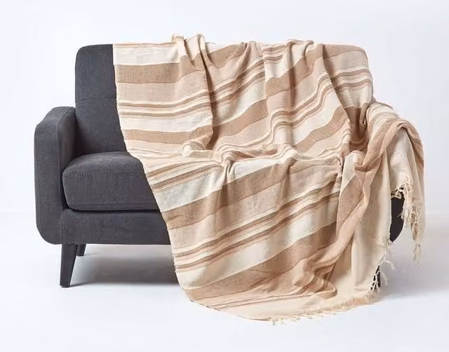 Homescapes Moroccan Striped Woven Cotton Throw in Beige, W: 360 cm, D: 255 cm