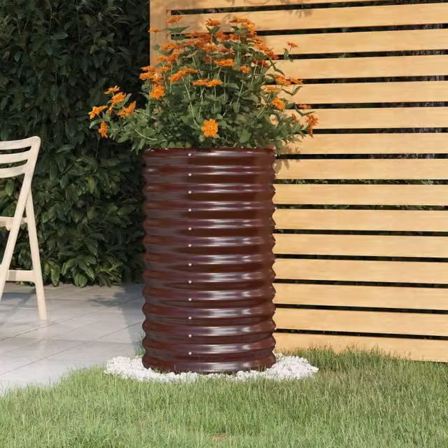 Berkfield Home Powder-coated Steel Garden Planter Tub, Brown, W/D/H: 40 x 40 x 68 cm – 1