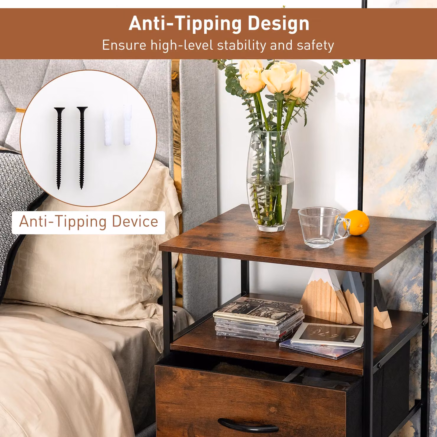 Costway Industrial 2-Drawer Storage Cabinet Dresser with Removable Fabric Drawers in Brown – 4