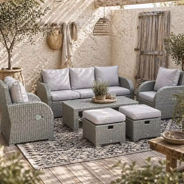 Wyld Haus Tanette 6 Piece Rattan Outdoor Sofa Set in Light Grey with 2 Reclining Chairs
