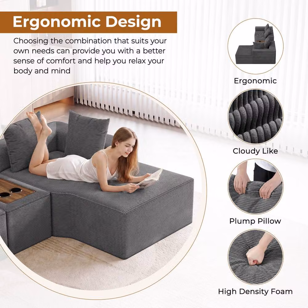Dprodo Grey Corduroy Right L-Shaped Modular Sofa with Cup Holder Table and Scatter Cushions, 320 cm – 8
