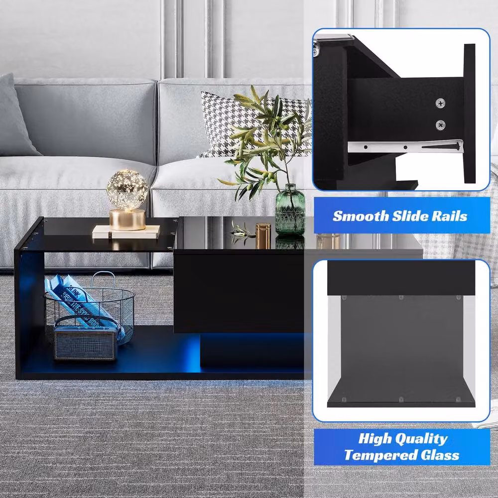 Merax High Gloss LED Coffee Table with Glass Shelf and Drawer in Black – 3