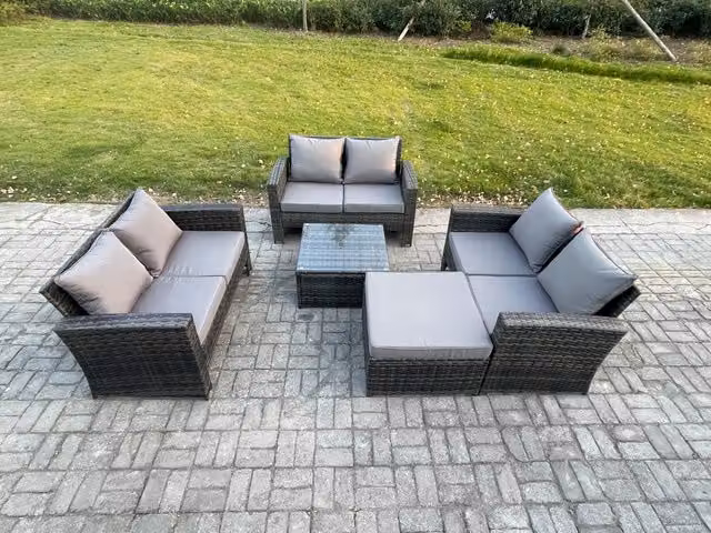 Fimous 7 Seater Rattan Wicker Garden Furniture Set in Dark Grey with Square Coffee Table, Double Sofa and Large Footstool
