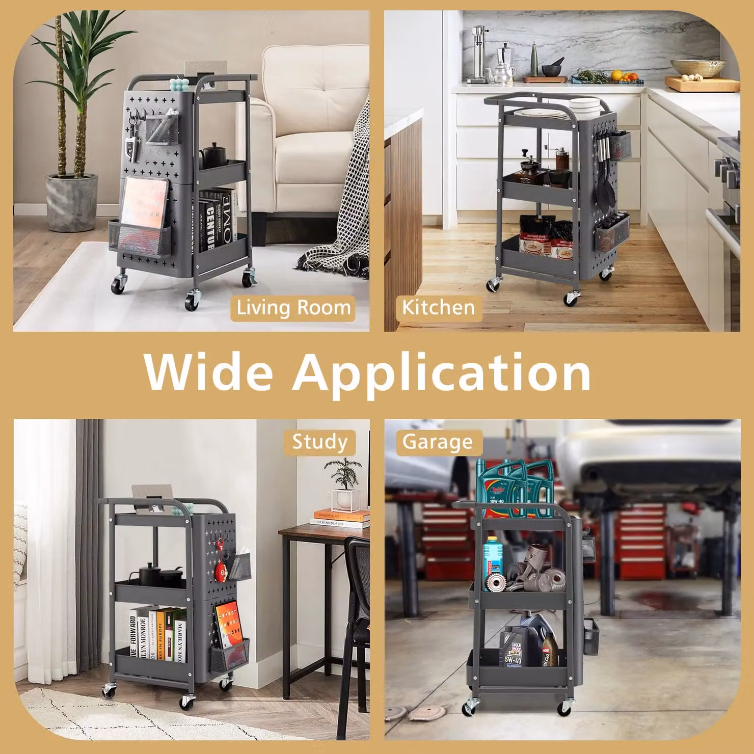 Costway 3-Tier Rolling Metal Kitchen Storage Trolley in Grey – 4