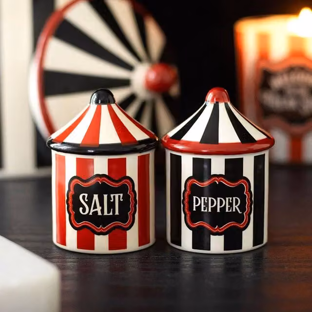 Uniqueful Circus Tent Salt and Pepper Shaker Set, Multicolour Striped Ceramic