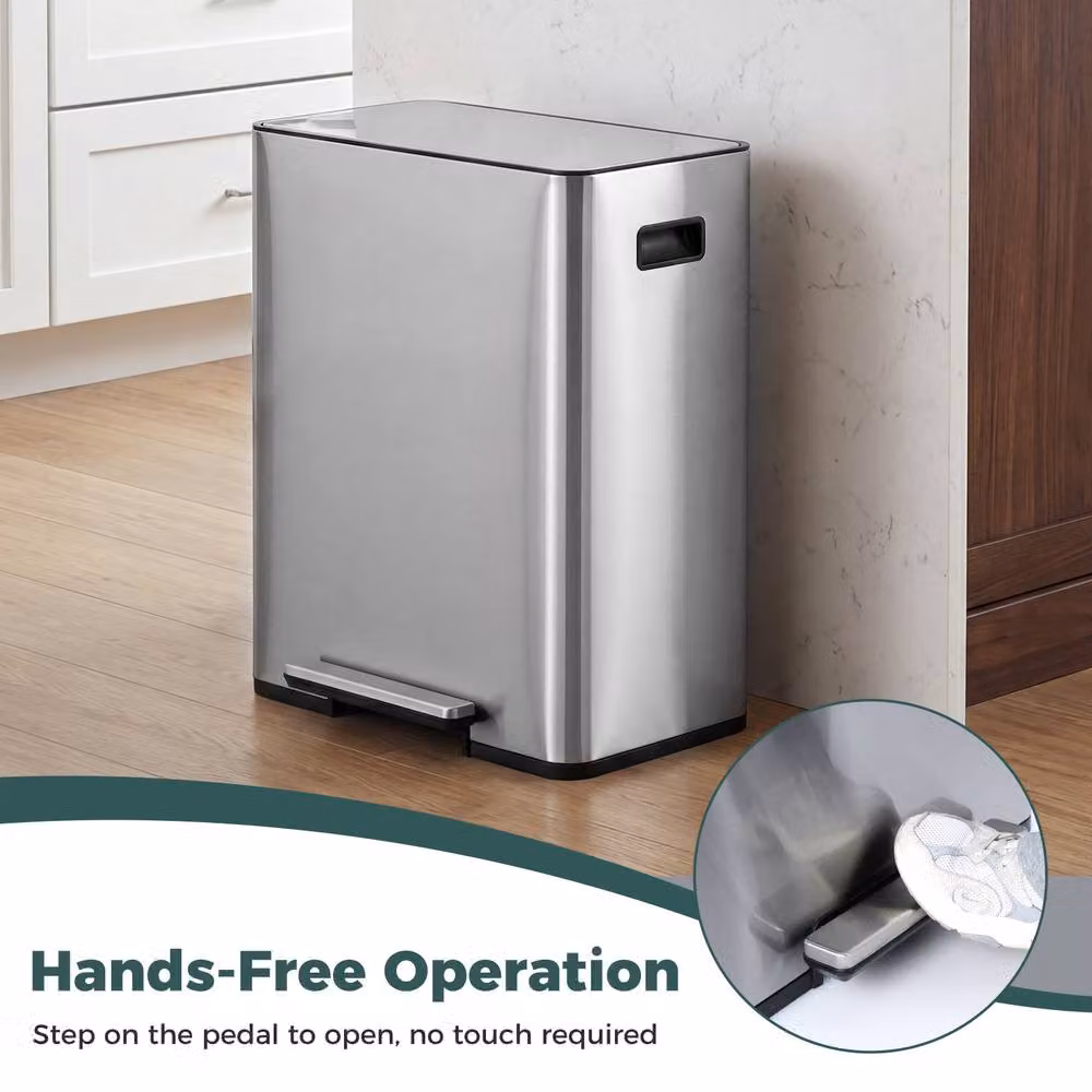 Costway 60L Stainless Steel Pedal Trash Can with 2 Removable Inner Buckets in Silver – 9