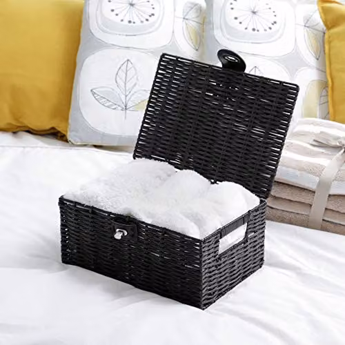 Arpan Small Resin Woven Storage Basket Box with Lid and Lock in Black – 2