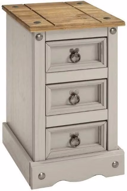 PAWNORA Grey Rustic Pine 3-Drawer Bedside Cabinet – 1