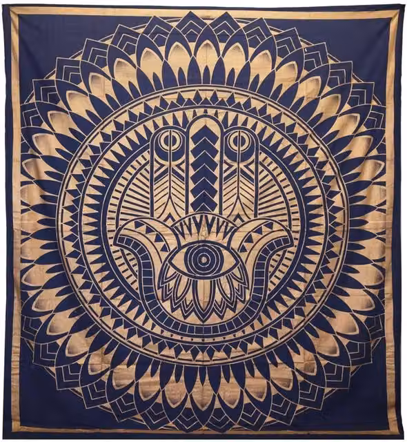 KDMD Hamsa Blue and Gold Double Cotton Bedspread and Wall Hanging Set – 1