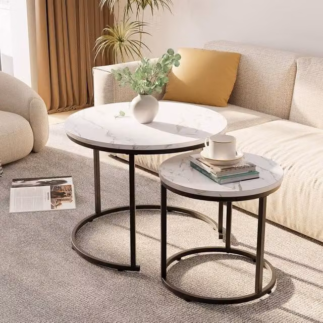 Huhote Set of 2 Round Nesting Side Tables with White Wood and Marble Finish Metal Frame – 1