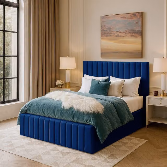 Desire Deco Emiliya Upholstered Velvet Bed Frame, Blue, W/D/H: 200 x 200 cm