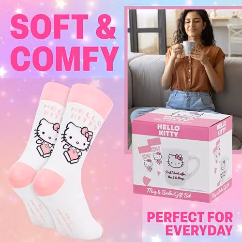 Get Trend Hello Kitty Sanrio Mug and Calf Socks Set in Pink, White and Multicolour, 315ml – 2