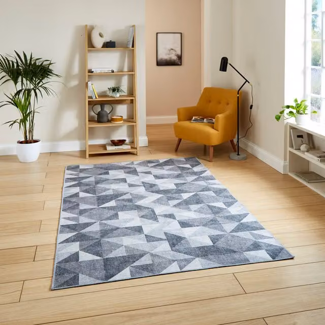 Terrys Grey Geometric Modern Flat Weave Polyester Rectangular Living Room Rug