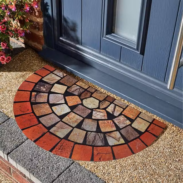 Nicoman Half Moon Semicircular Rubber Doormat with Tile Effect in Red and Multicolour