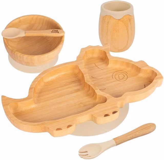 Tiny Dining 5pc Bamboo and Silicone Dinosaur Baby Weaning Set in Beige and Yellow