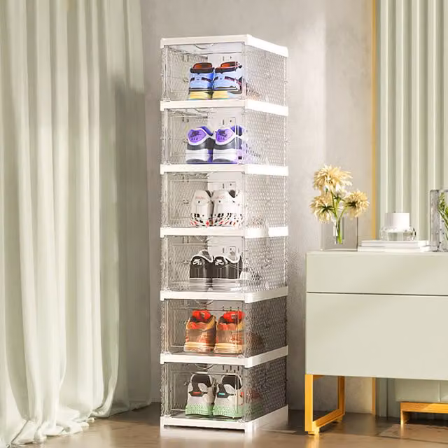 Livingandhome 6-Tier Modern White Foldable Shoe Storage Box with Tilting Compartments