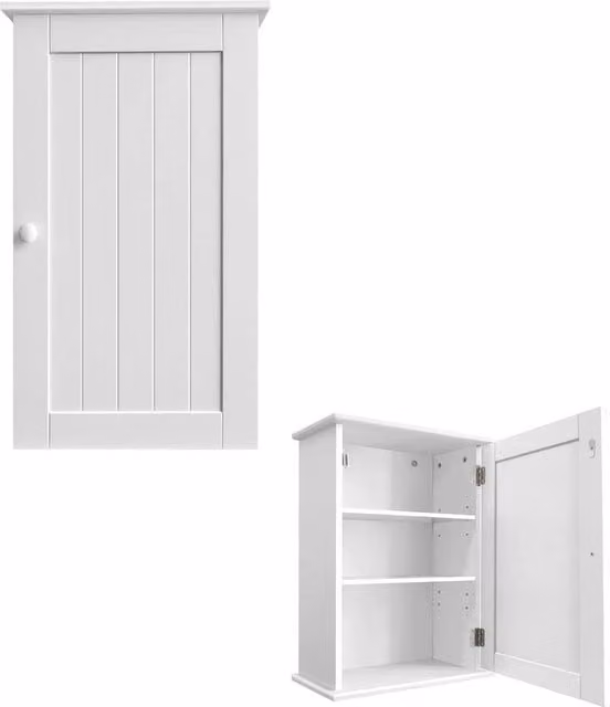 NESTLUNE Wall Mounted White Matt Bathroom Cabinet with Hinged Doors and Internal Shelves