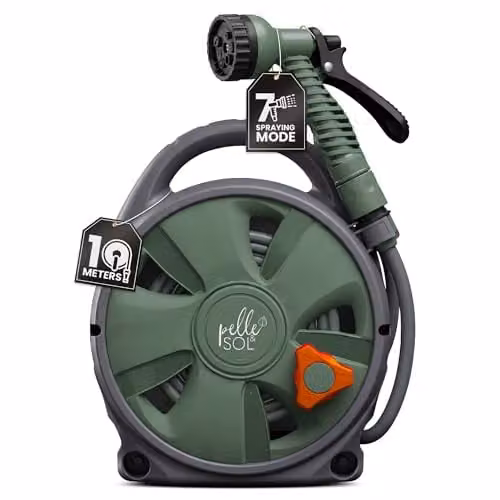 Pelle & Sol Green Wall Mounted Garden Hose Reel with 10m Kink Resistant Hose and 7 Mode Spray Gun – 1