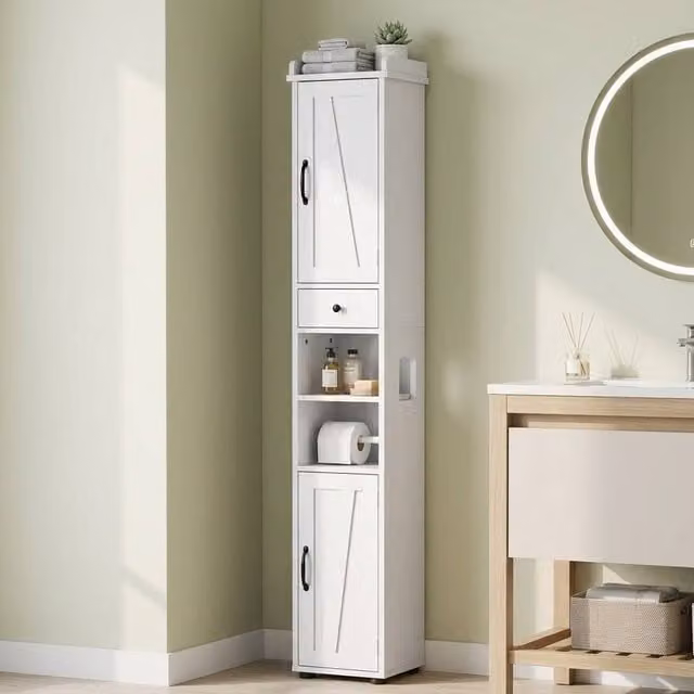 STILVORA Modern White Slim Freestanding Bathroom Storage Cabinet with Internal Drawers, Shelves and LED Lighting – 1