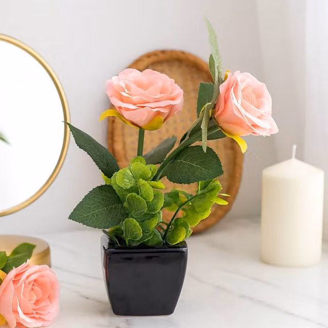 Voltico Pink and White Artificial Rose in a Square Ceramic Pot – 1