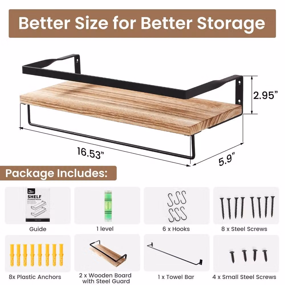 Havendro 2-Piece Brown Wooden and Metal Floating Wall Shelves Industrial Display Unit – 2