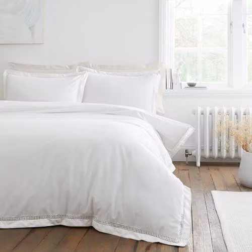 Bianca Oxford Lace 200 Thread Count Cotton Percale Duvet Cover and Pillowcase Set, White, W/D/H: 200 x 200 cm, Pillowcases: 50 x 75 cm