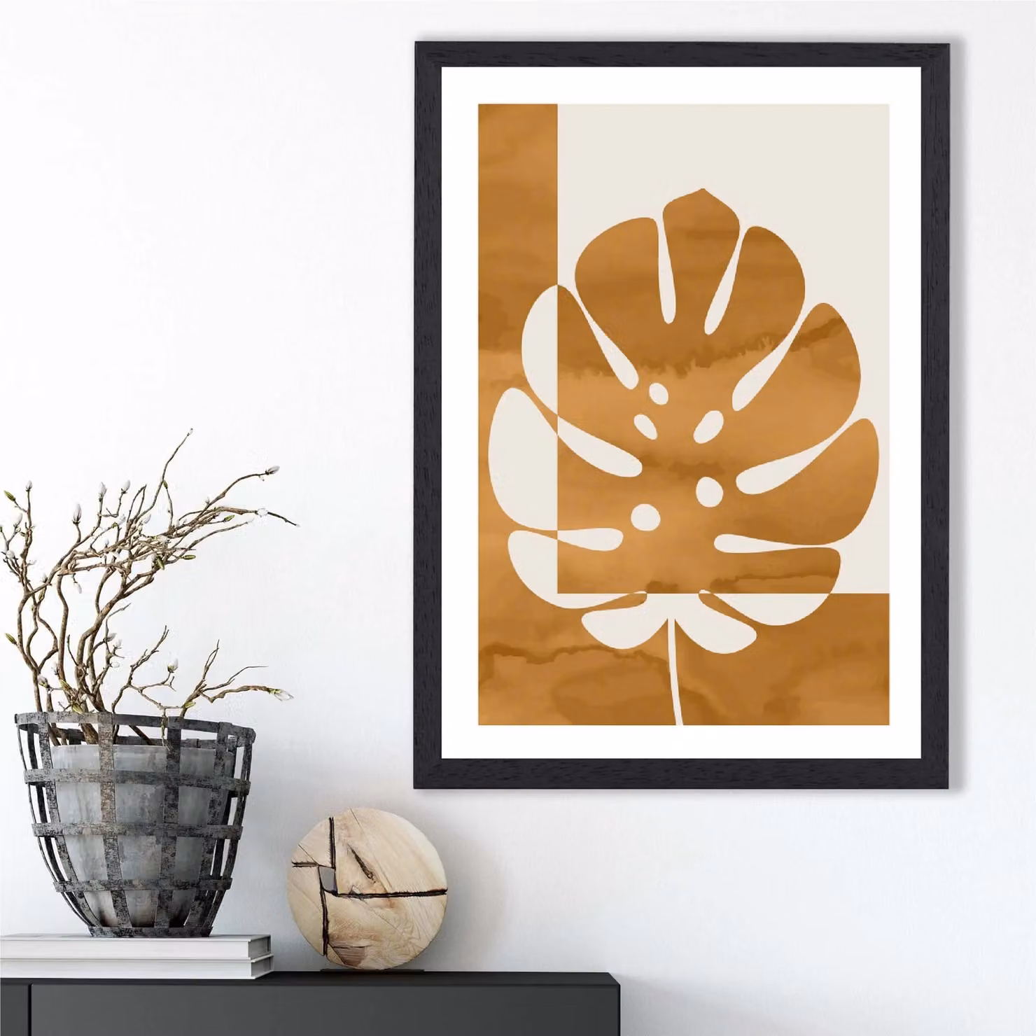 ARTZE Mustard Monstera Mid Century Tropical Framed Print, Yellow and Black Botanical Floral Poster with Black Frame, W: 21.0 cm, H: 29.7 cm – 2