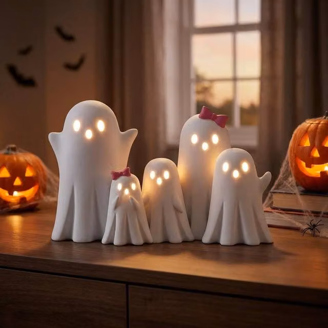 Garden Greatness Halloween Light-Up Ghost Family Ornament in White and Multicolour