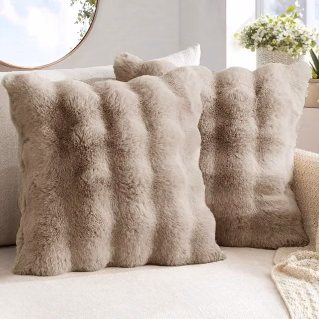 Sweet Dreams Luxury Supersoft Faux Fur Square Cushion in Beige and Brown, 43 x 43 cm